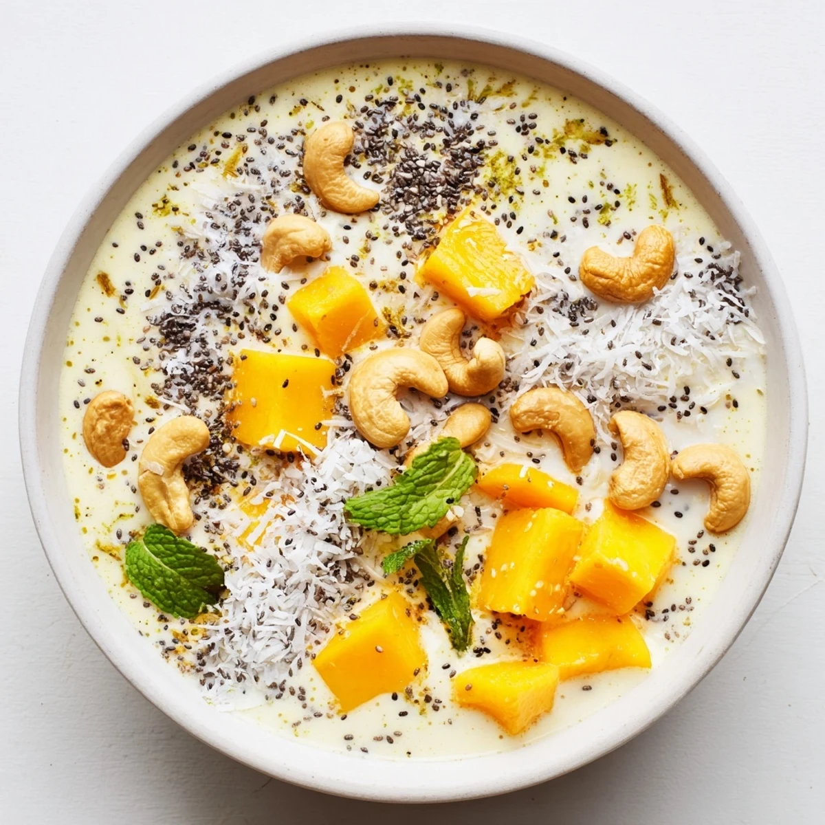 Golden mango coconut lime smoothie bowl topped with toasted cashews and fresh fruit