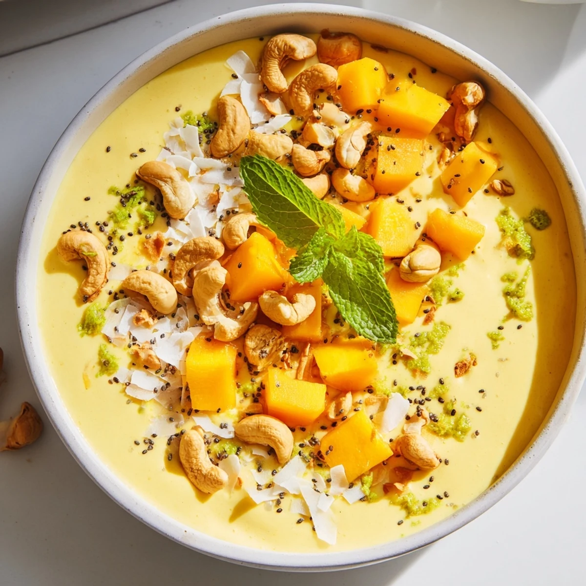 Thick tropical smoothie bowl featuring sweet mango coconut lime blend with crunchy cashew garnish