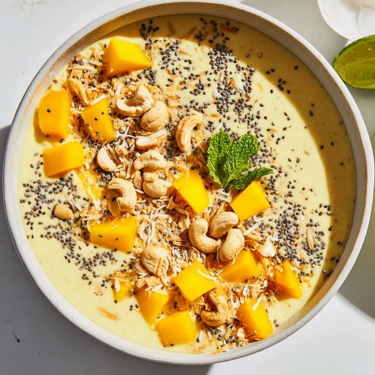 Creamy vegan mango coconut lime smoothie bowl arranged with coconut flakes and toasted nuts