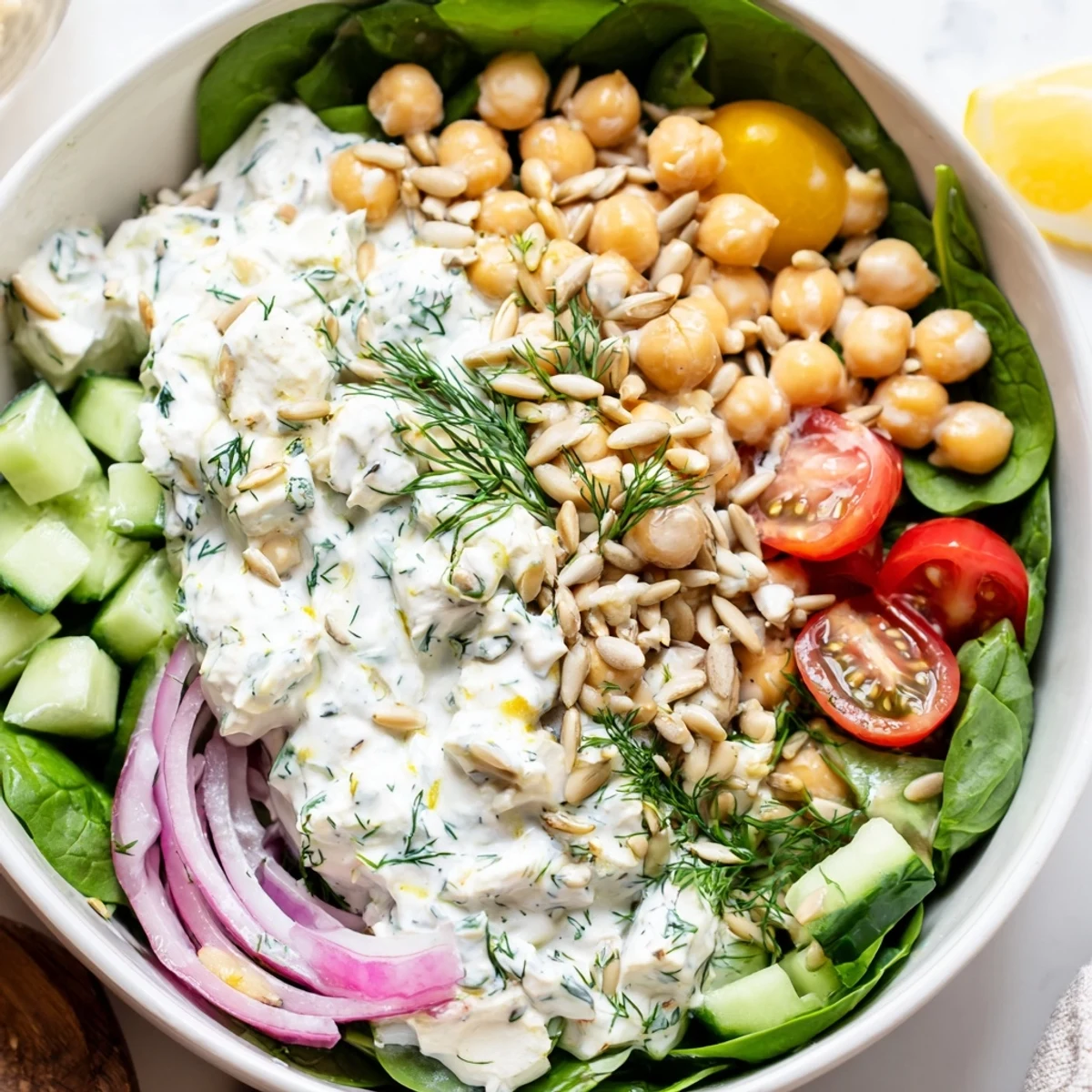 Vibrant chickpea salad bowl featuring crisp vegetables and tangy lemon dill dressing over greens