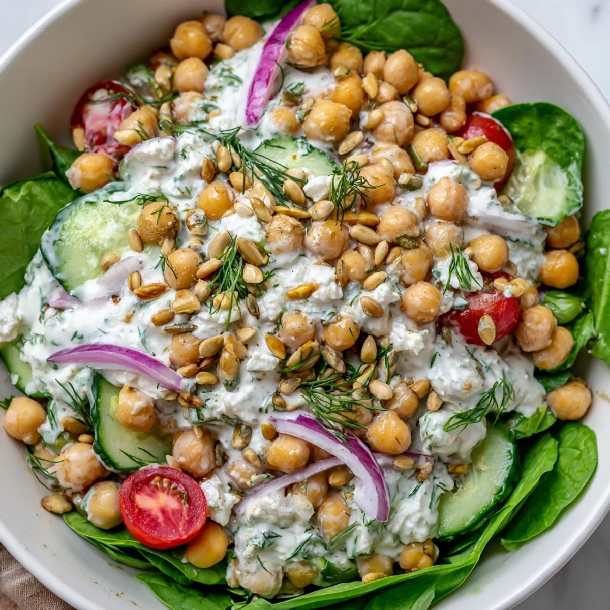 Mediterranean-style creamy lemon dill chickpea salad bowl layered with baby spinach and colorful vegetables