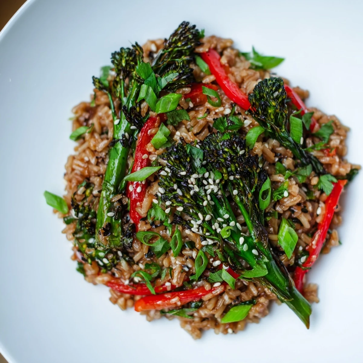 Golden brown rice bowl topped with roasted broccolini and red bell pepper slices in savory sesame ginger sauce