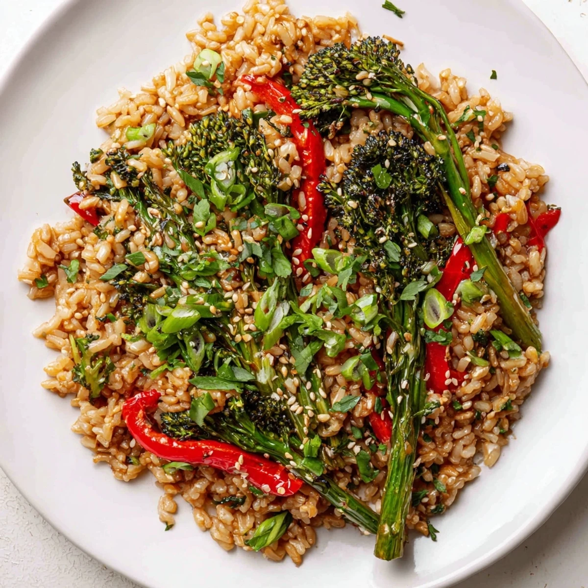 Vibrant vegetarian bowl featuring nutty brown rice with crispy broccolini drizzled in aromatic soy sesame dressing