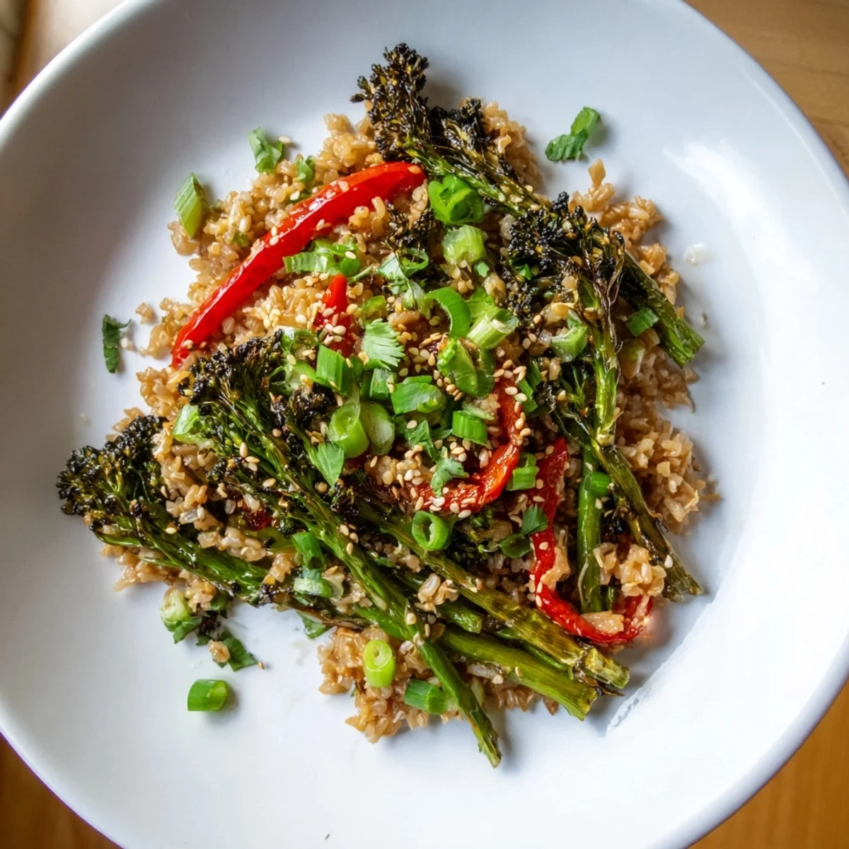 Wholesome sesame ginger brown rice with tender roasted broccolini and fresh green onions sprinkled with toasted sesame seeds