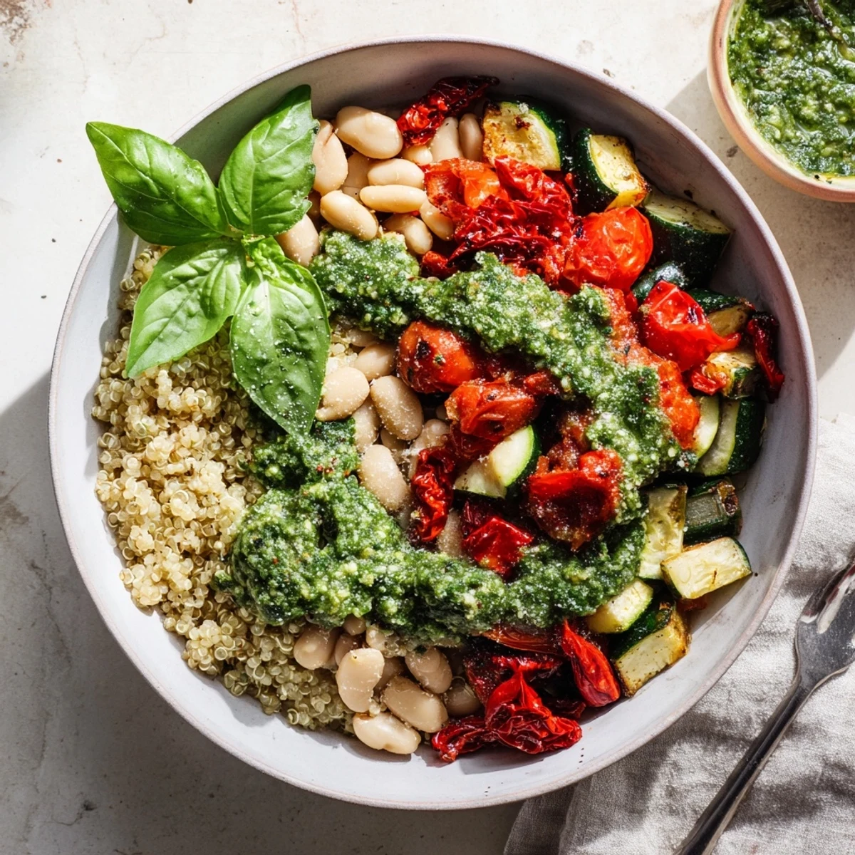 Colorful grain bowl layered with white beans, sun-dried tomatoes, roasted vegetables, and vibrant green basil pesto drizzle