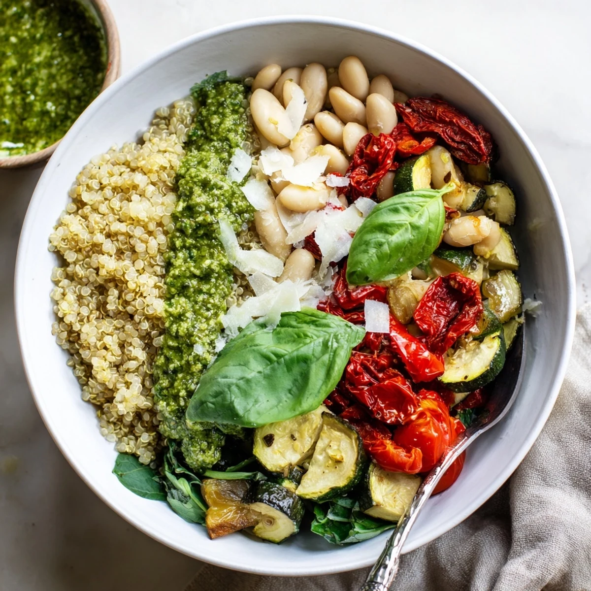 Hearty vegetarian grain bowl featuring creamy white beans, tangy sun-dried tomatoes, and homemade basil pesto garnish