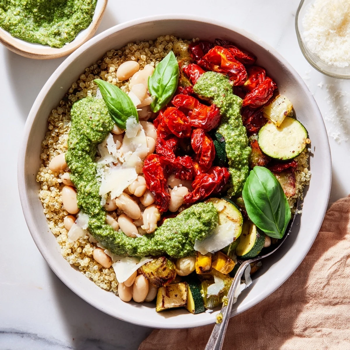 Mediterranean-style sun dried tomato white bean grain bowl topped with fresh basil pesto and parmesan cheese