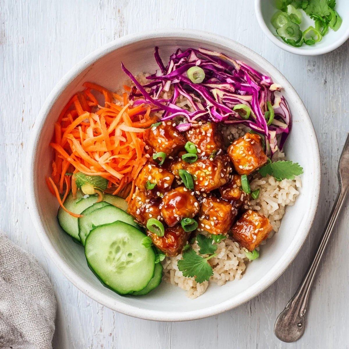 Caramelized tofu in tangy orange sauce served over rice with shredded cabbage and sesame toppings