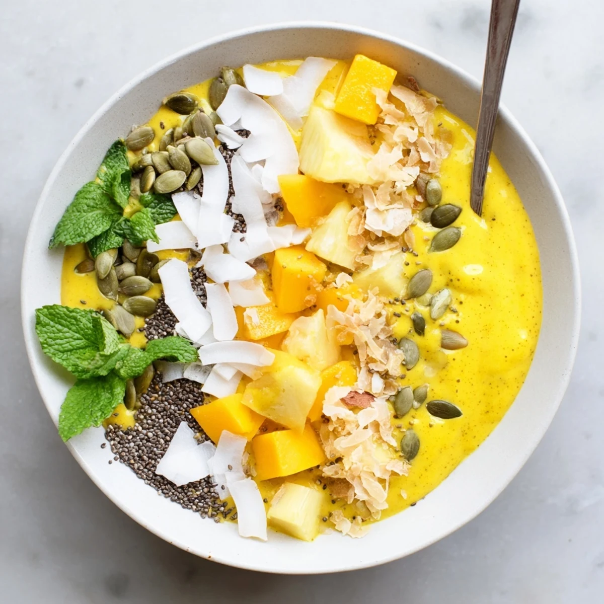 Thick creamy smoothie bowl with pineapple mango turmeric base garnished with coconut flakes and seeds