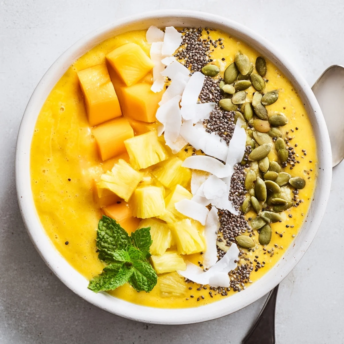 Vibrant yellow smoothie bowl bursting with pineapple mango and turmeric sprinkled with crunchy coconut toppings