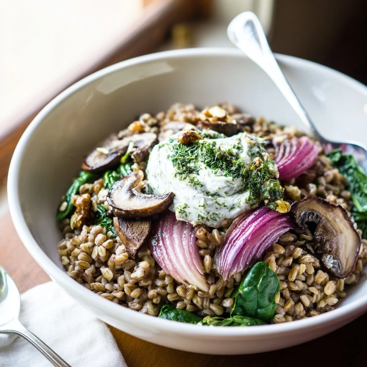 Golden brown roasted mushrooms and tender farro bowl topped with creamy herbed yogurt sauce