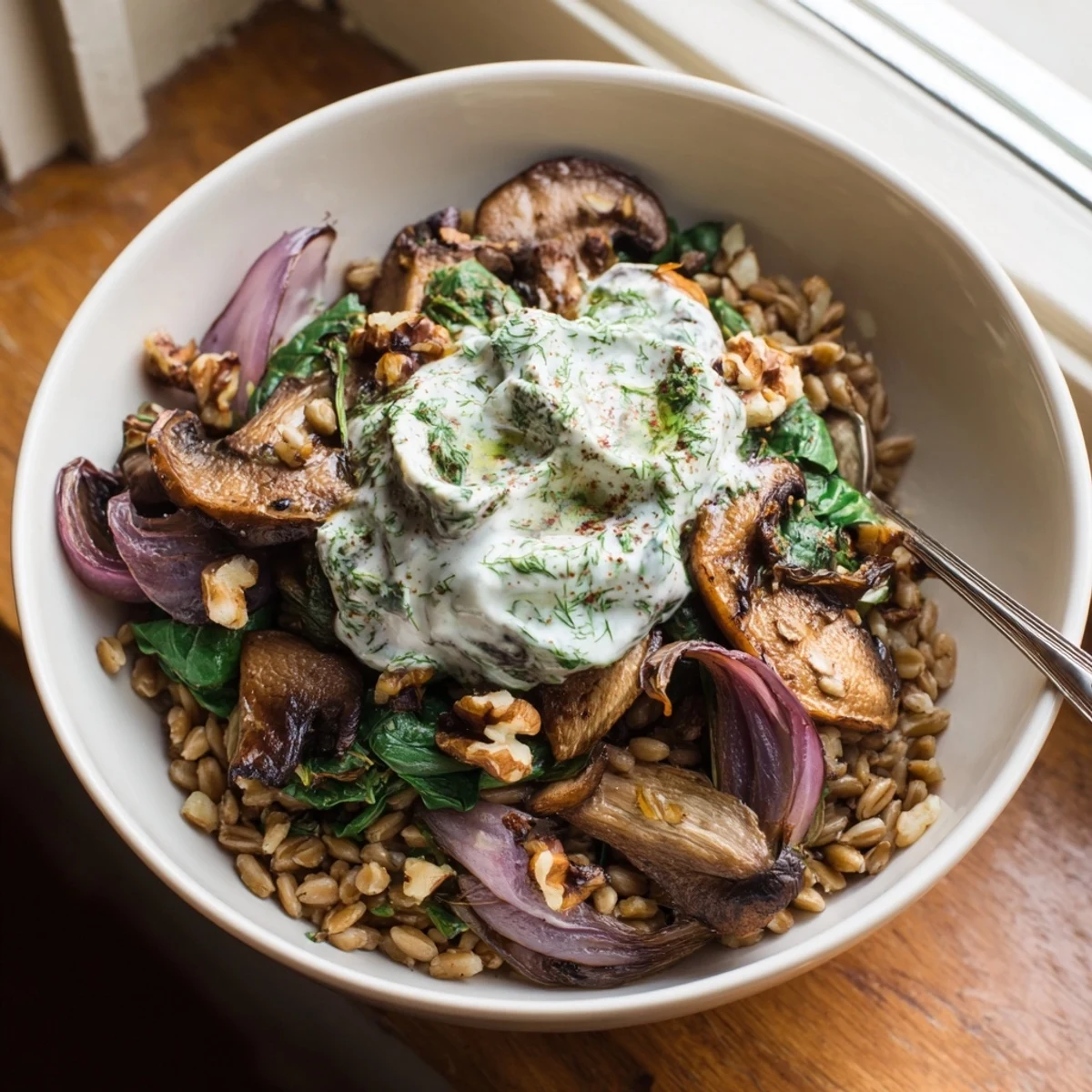 Wholesome roasted garlic mushroom farro bowl drizzled with lemon herb yogurt and crunchy walnuts