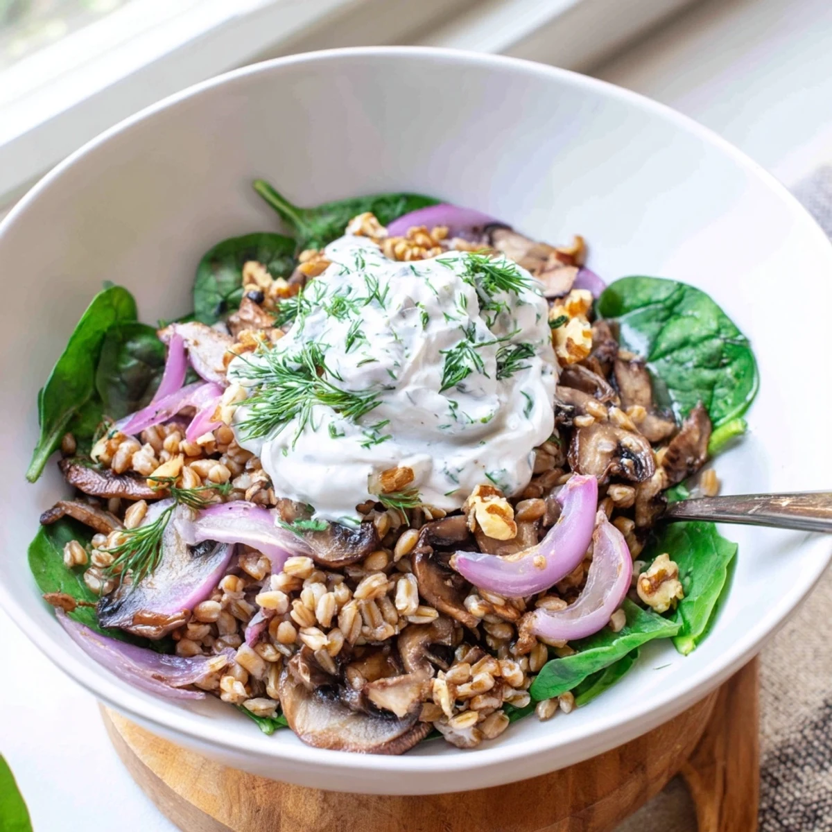 Mediterranean grain bowl featuring nutty farro, caramelized mushrooms, and roasted garlic with refreshing yogurt topping