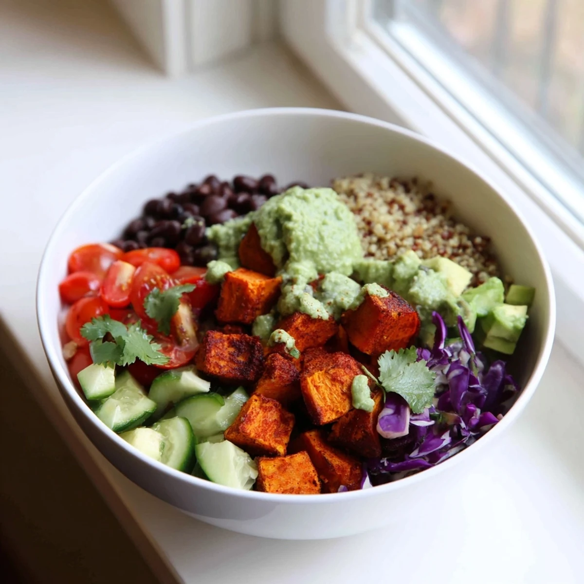 Vibrant chili lime sweet potato veggie bowl drizzled with creamy avocado sauce and fresh vegetables