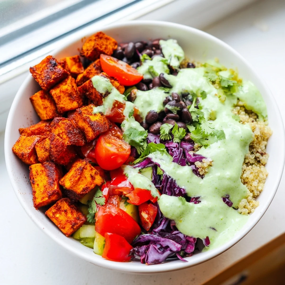 Crispy roasted sweet potato bowl topped with colorful veggies black beans and tangy avocado crema