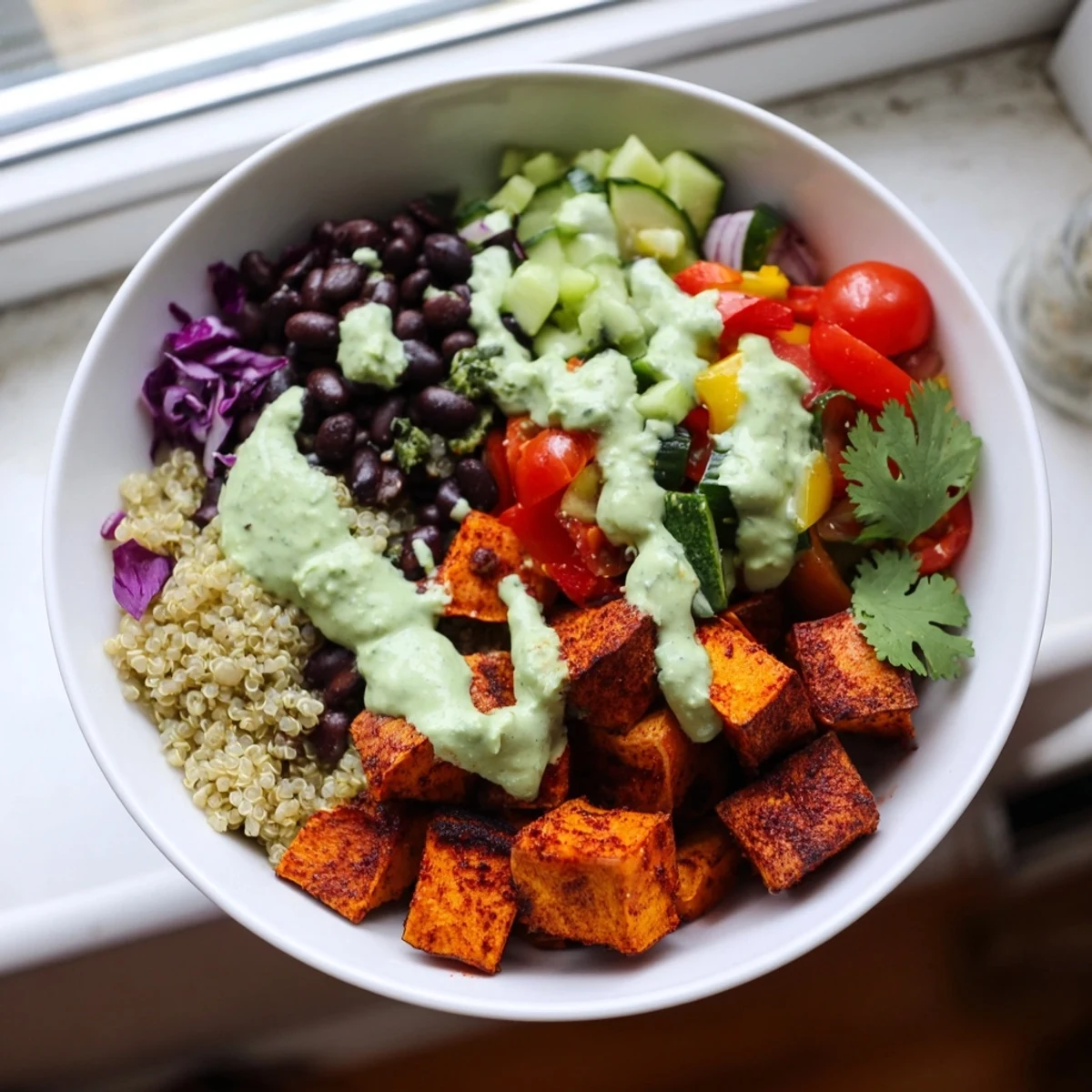Wholesome veggie bowl featuring spicy sweet potatoes quinoa and smooth avocado crema for satisfying lunch
