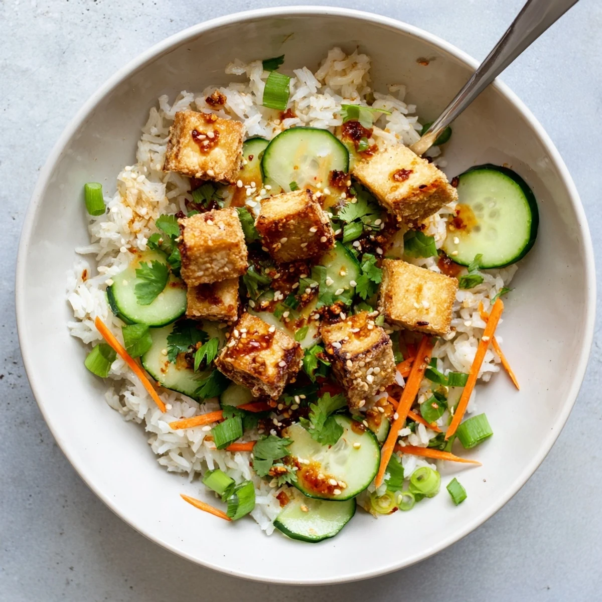 Vibrant bowl of garlic chili oil jasmine rice topped with crispy tofu green onions and cucumber slices