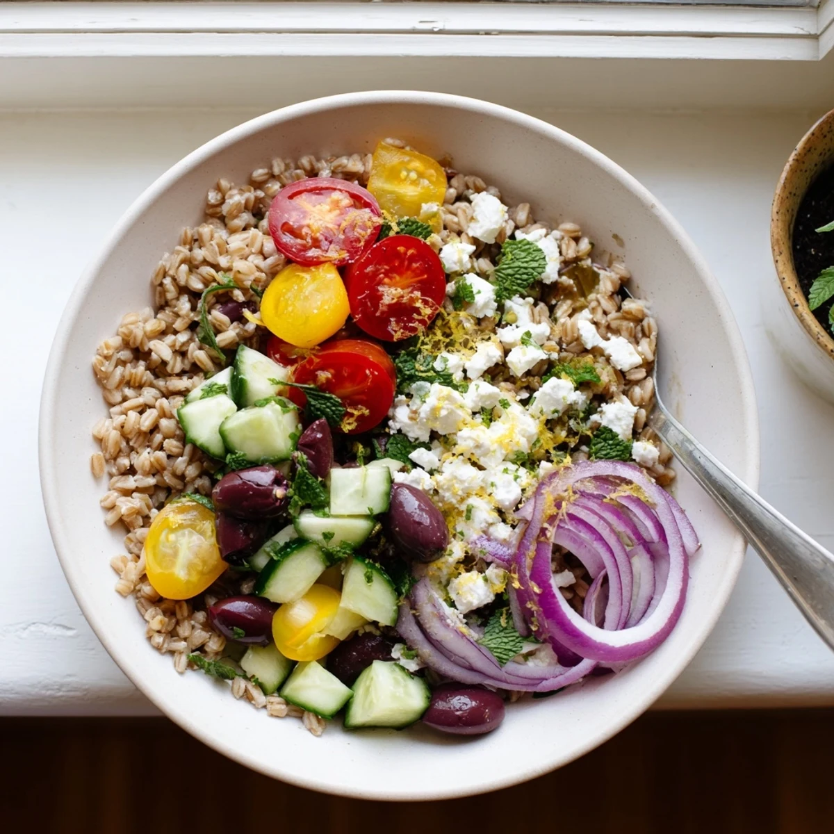 Colorful Mediterranean lemon herb farro grain bowl topped with feta, olives, and fresh vegetables