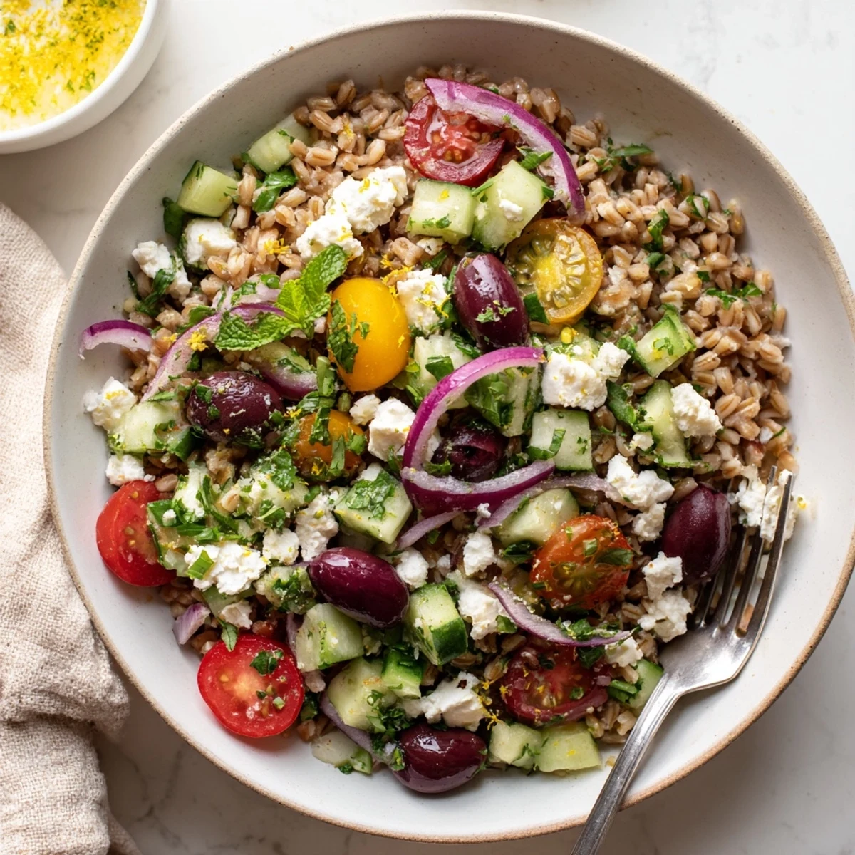 Wholesome Mediterranean grain bowl featuring fluffy farro, Kalamata olives, crumbled feta, and vibrant chopped herbs