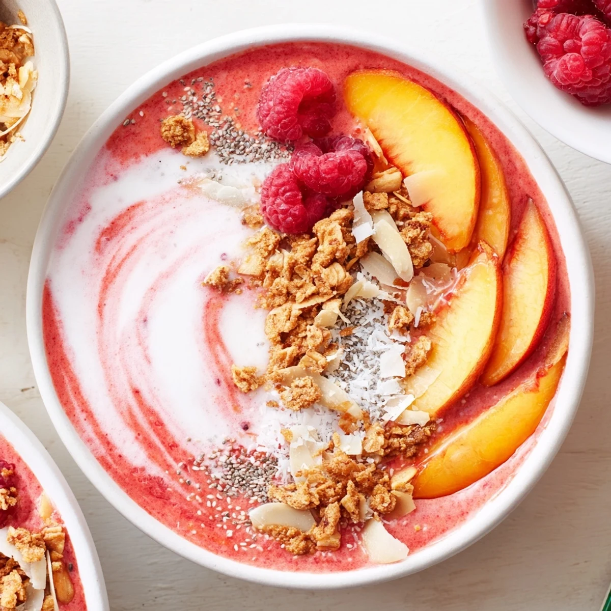 Peach raspberry coconut smoothie bowl topped with golden almond crumble and fresh fruit