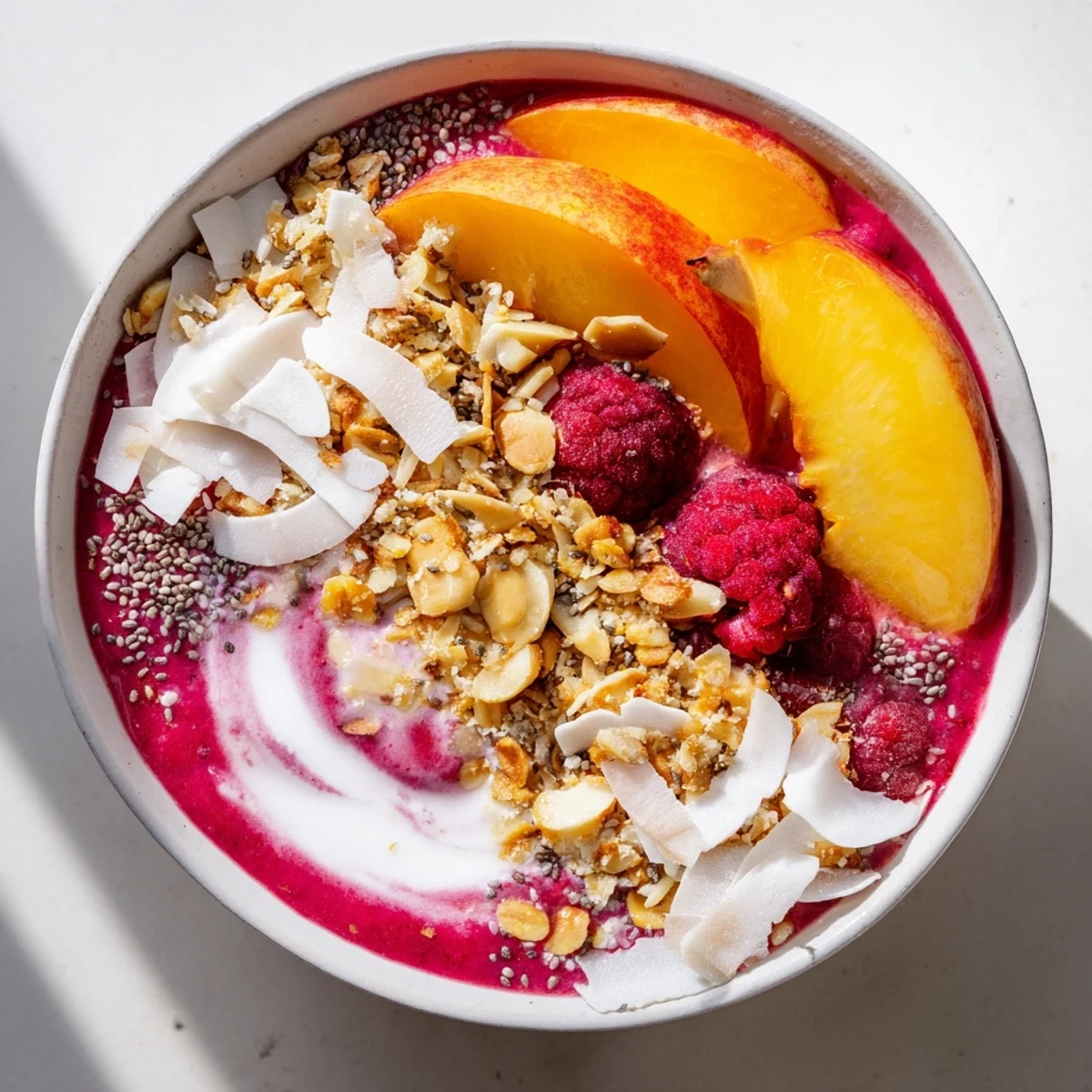 Vibrant smoothie bowl with peaches raspberries coconut milk and homemade almond crumble