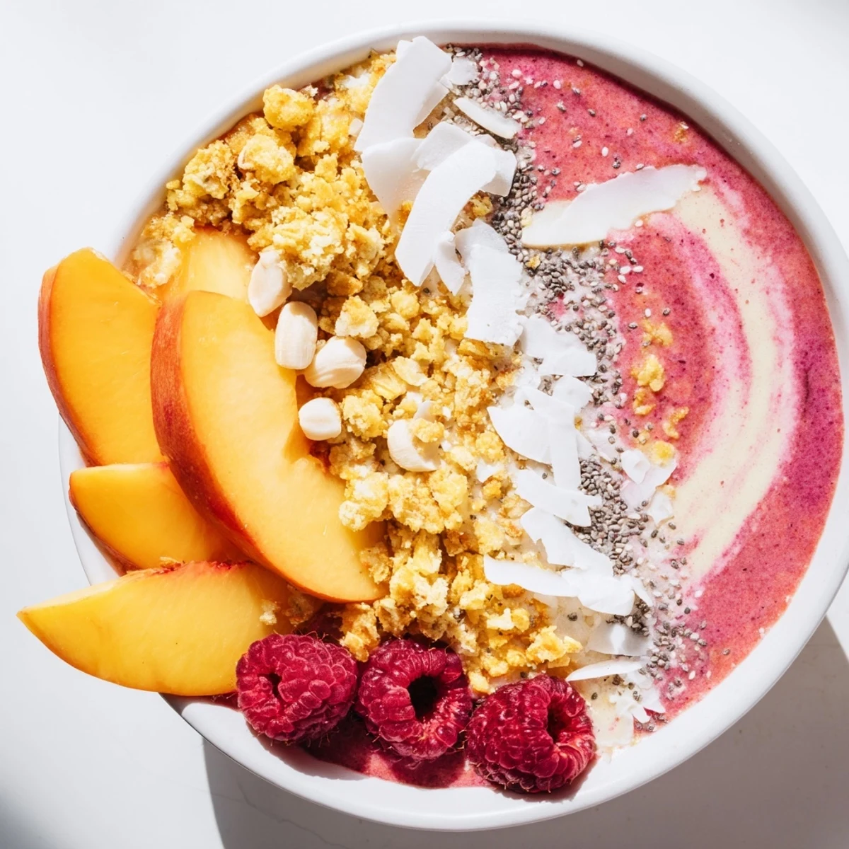 Creamy peach raspberry coconut smoothie bowl with crunchy almond oat topping and berries