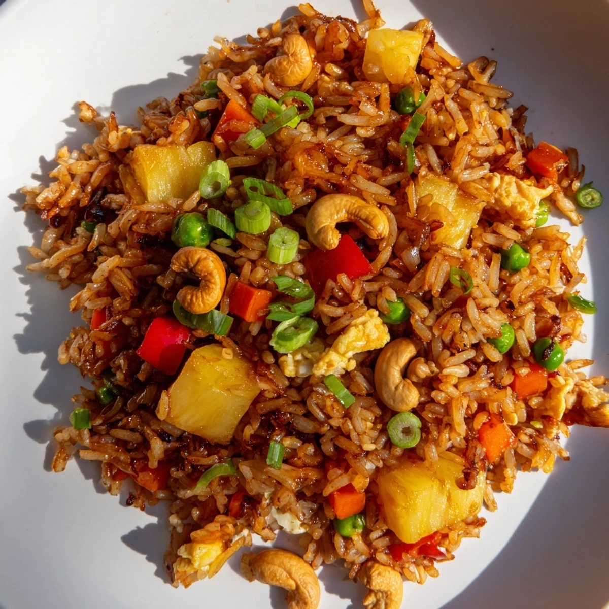 Steaming plate of vegetarian sweet chili pineapple fried rice topped with crisp green scallions