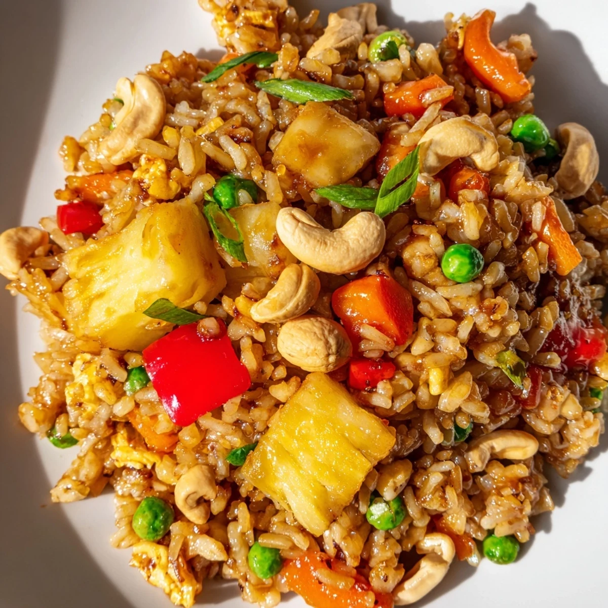 Vibrant Asian-inspired fried rice bowl featuring juicy pineapple chunks in sweet spicy chili sauce