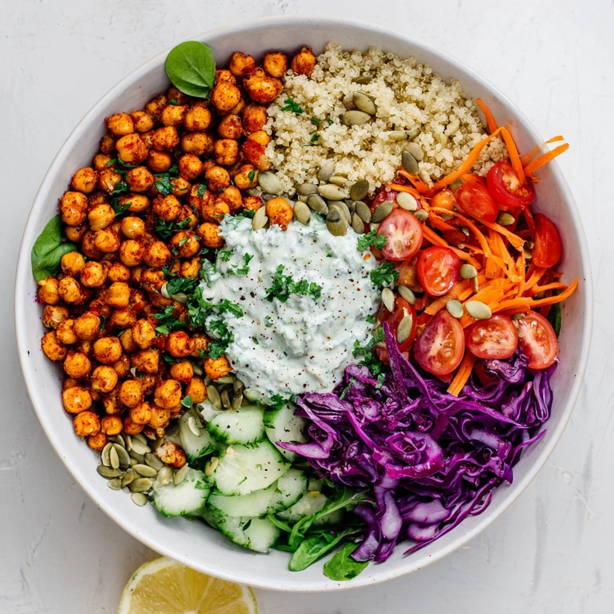 Vibrant vegetarian bowl featuring spicy chickpeas, cherry tomatoes, shredded red cabbage, and crisp cucumber atop a bed of fluffy quinoa