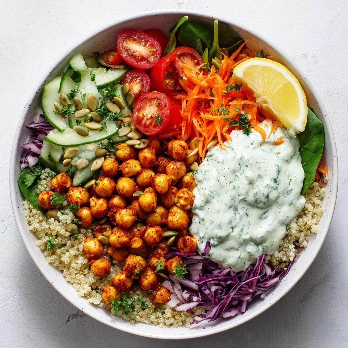 Middle Eastern inspired spicy harissa chickpea veggie bowl arranged in layers with refreshing yogurt sauce and garnished with fresh herbs