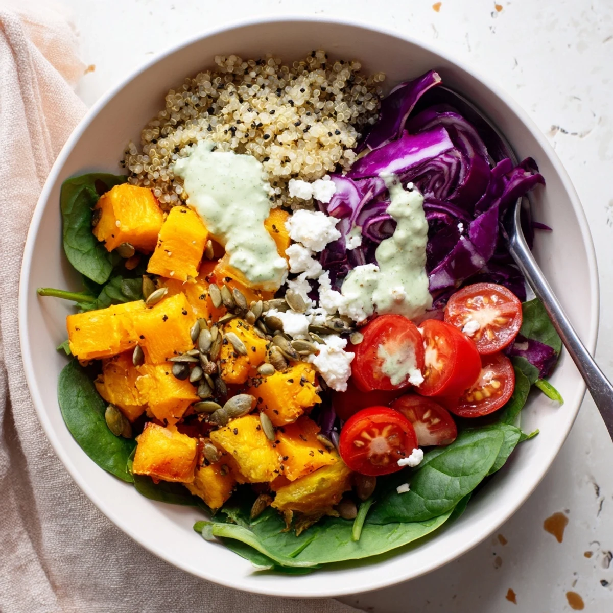 Hearty roasted butternut squash quinoa grain bowl arranged with vibrant spinach cabbage tomatoes and golden toasted pepitas
