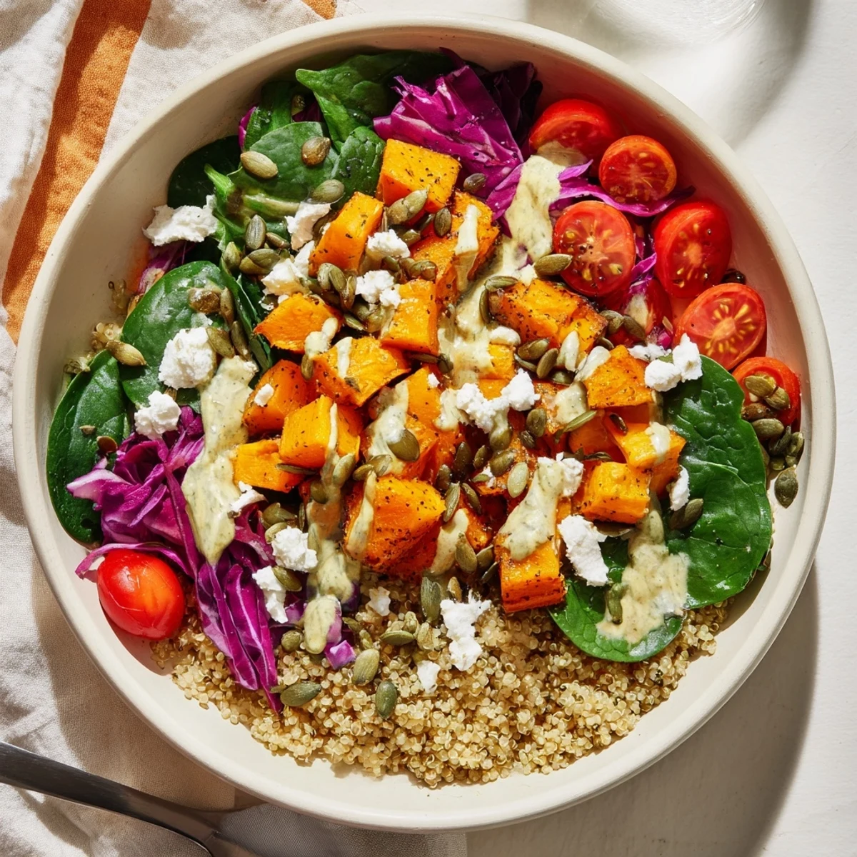 Colorful roasted butternut squash quinoa grain bowl topped with creamy sage tahini drizzle over fresh vegetables and crunchy pumpkin seeds