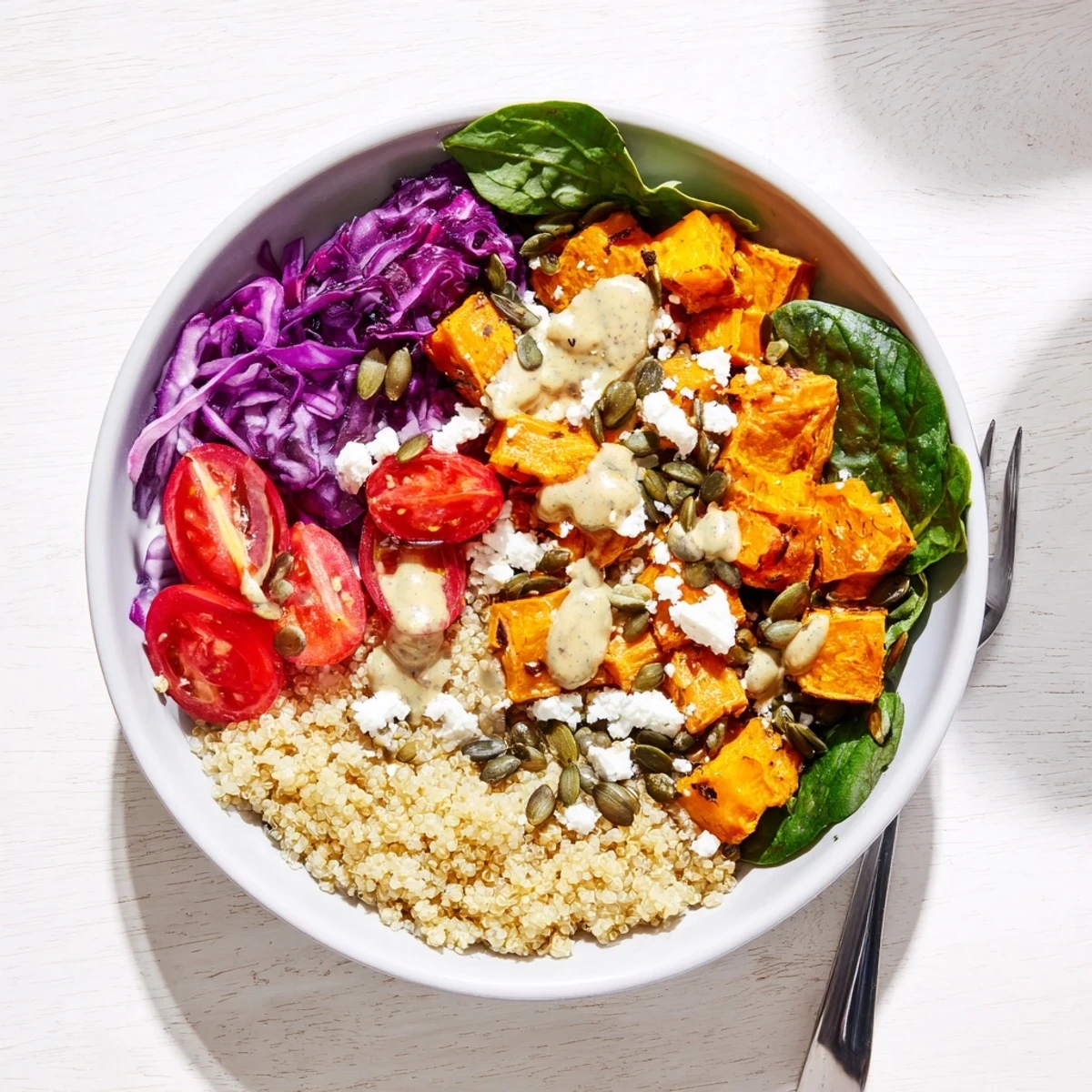 Wholesome roasted butternut squash quinoa grain bowl featuring caramelized squash cubes fluffy quinoa and velvety sage tahini dressing garnish