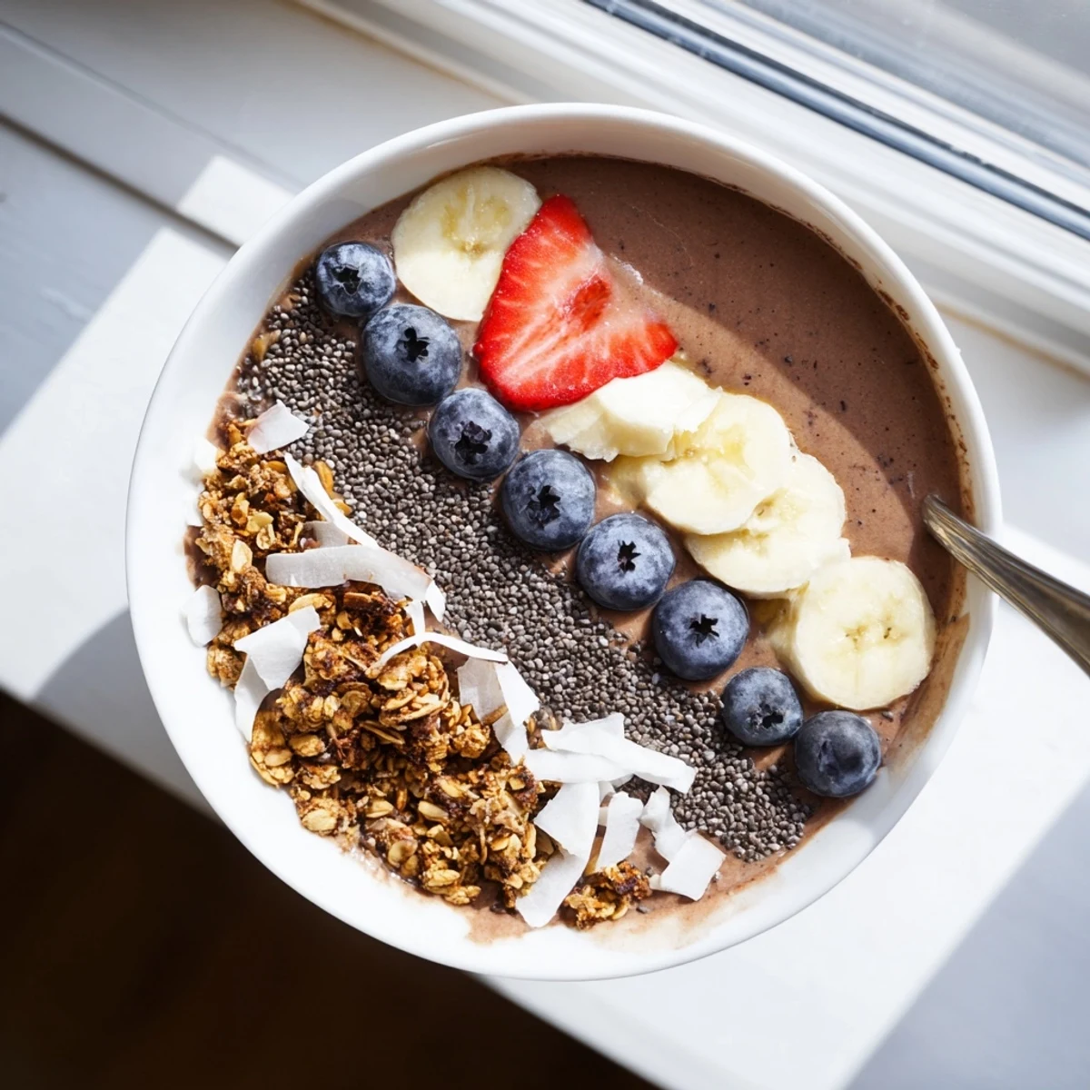 Thick banana peanut butter cacao smoothie bowl topped with crunchy coconut chips and fresh sliced banana