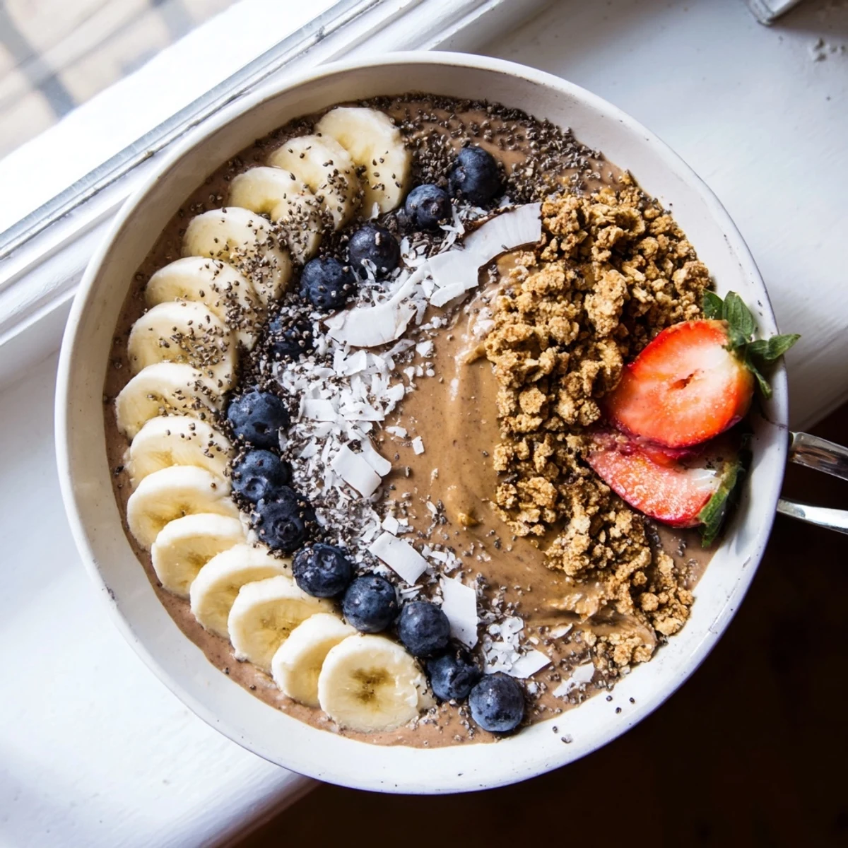 Creamy chocolate peanut butter smoothie bowl with frozen bananas, coconut chips, granola and vibrant berries