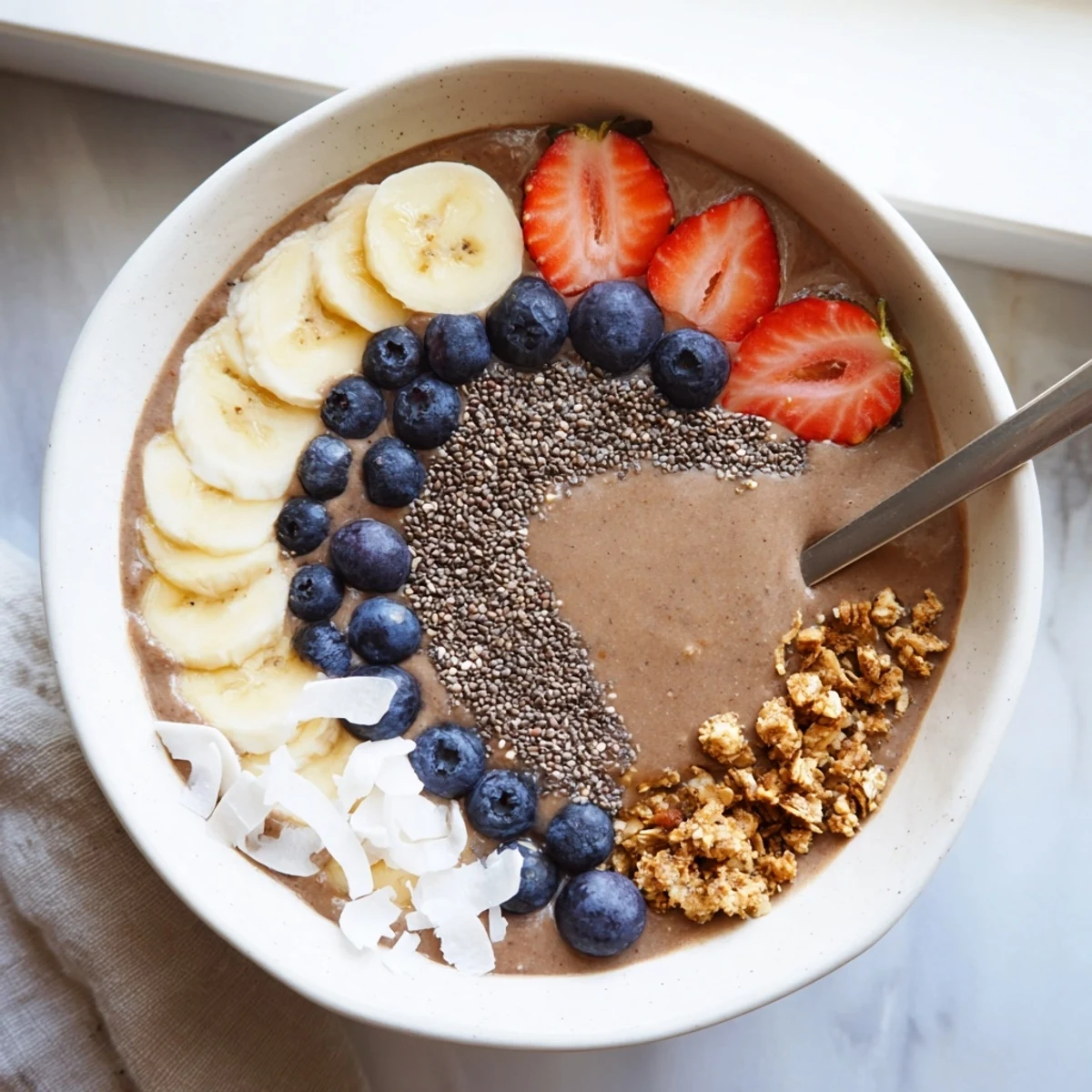 Rich cacao banana peanut butter breakfast bowl garnished with coconut flakes, chia seeds and granola