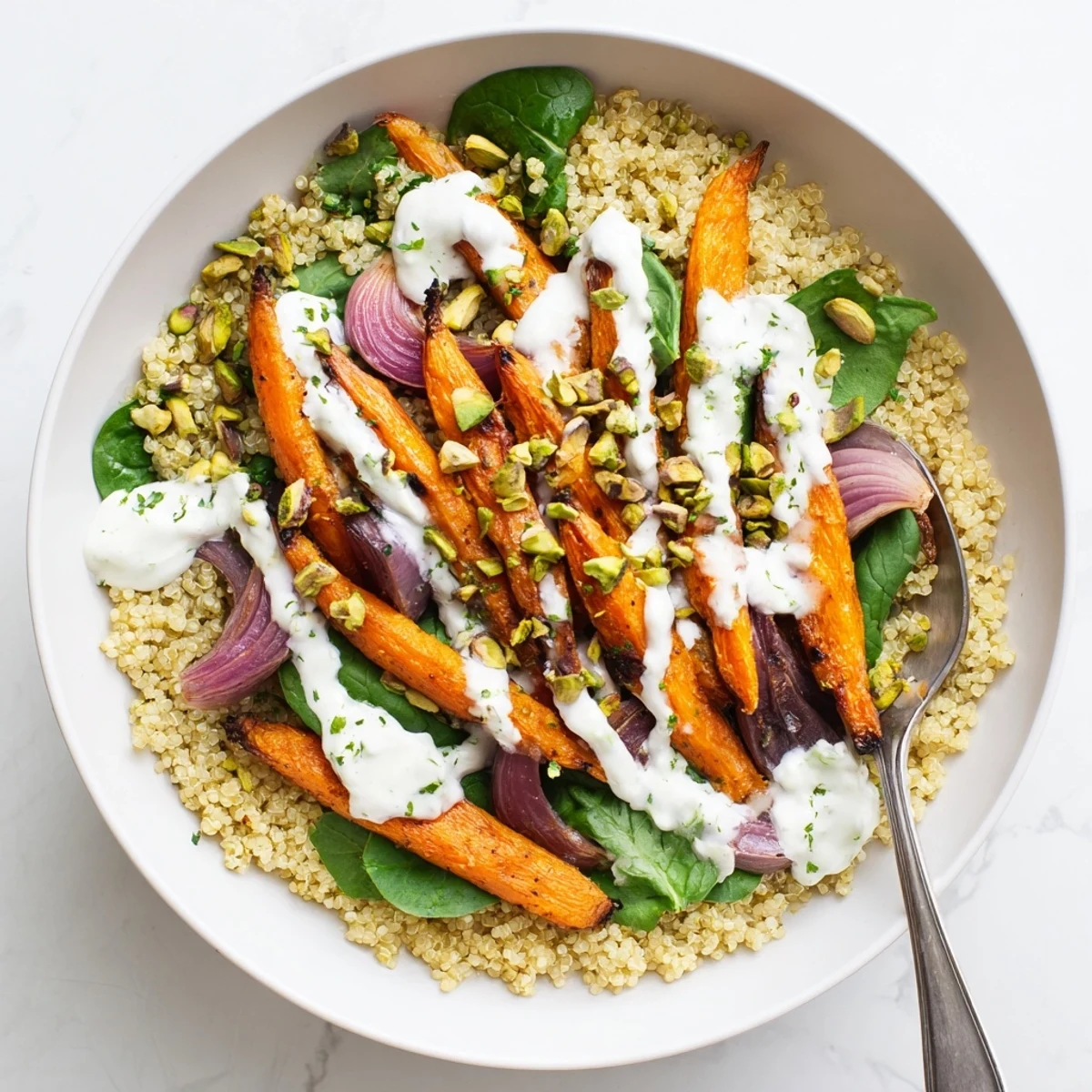 Colorful roasted carrot pistachio quinoa grain bowl topped with creamy mint yogurt sauce