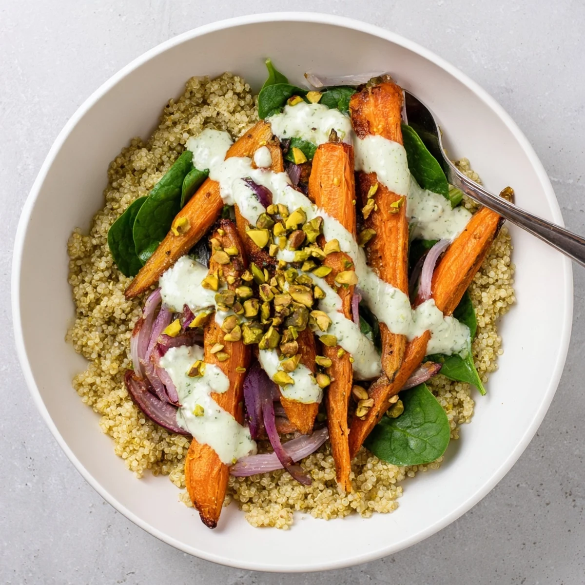 Healthy quinoa grain bowl featuring sweet spiced roasted carrots and crunchy green pistachios