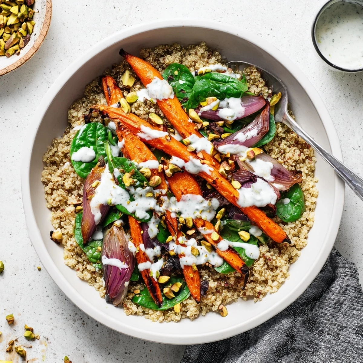 Vibrant vegetarian roasted carrot pistachio quinoa bowl drizzled with refreshing mint yogurt dressing
