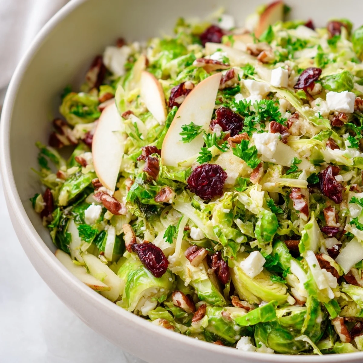 Colorful shaved Brussels sprout and apple salad bowl topped with feta and maple dressing