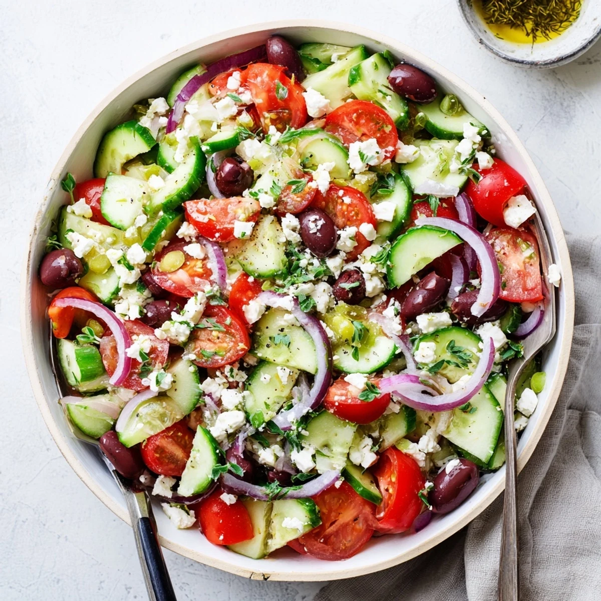 Fresh Mediterranean tomato cucumber feta salad bowl topped with aromatic oregano in white serving dish