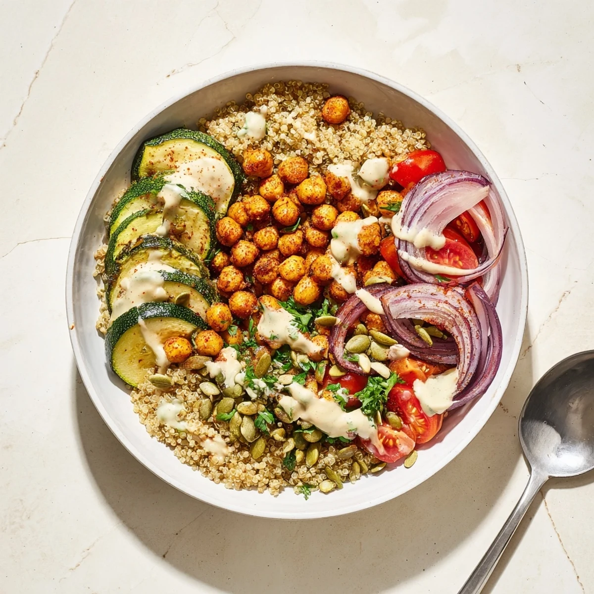 Colorful crispy tahini lemon chickpea grain bowl featuring roasted zucchini over fluffy quinoa with fresh vegetables