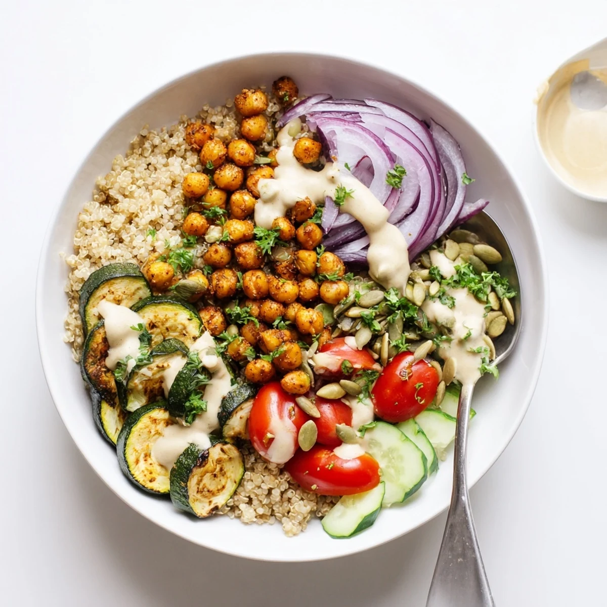 Vegan crispy tahini lemon chickpea grain bowl arranged with roasted zucchini, cherry tomatoes, and cucumber garnish
