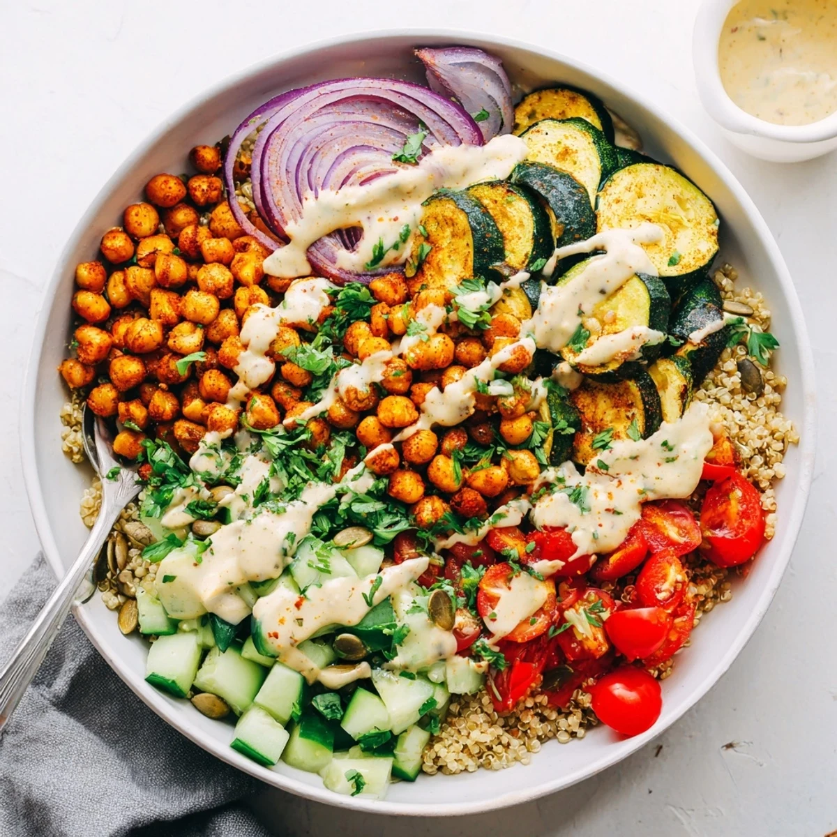 Mediterranean grain bowl piled high with crispy spiced chickpeas, roasted zucchini, and creamy lemon tahini drizzle
