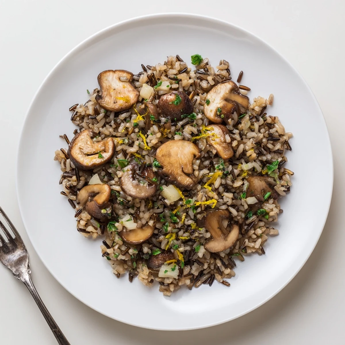 Golden garlic herb wild rice dish with roasted mushrooms garnished with fresh parsley and chives