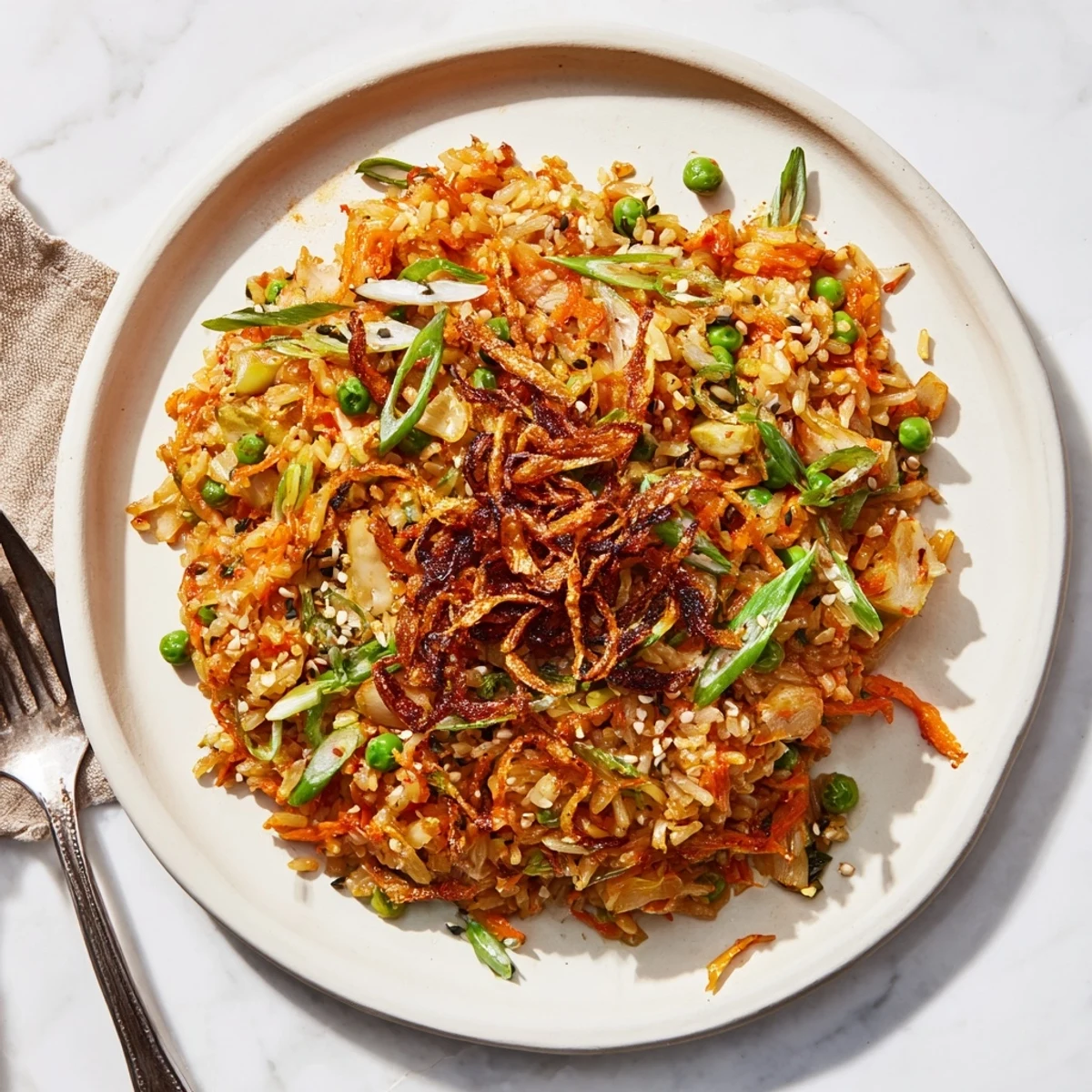 Golden kimchi garlic fried rice topped with crispy shallots and fresh scallions