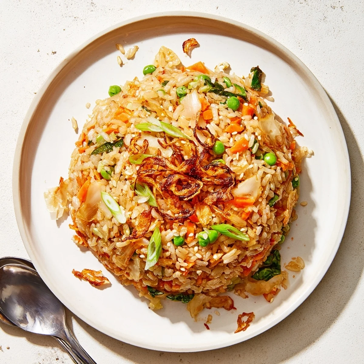 Savory bowl of kimchi garlic fried rice garnished with toasted sesame seeds and crispy shallots