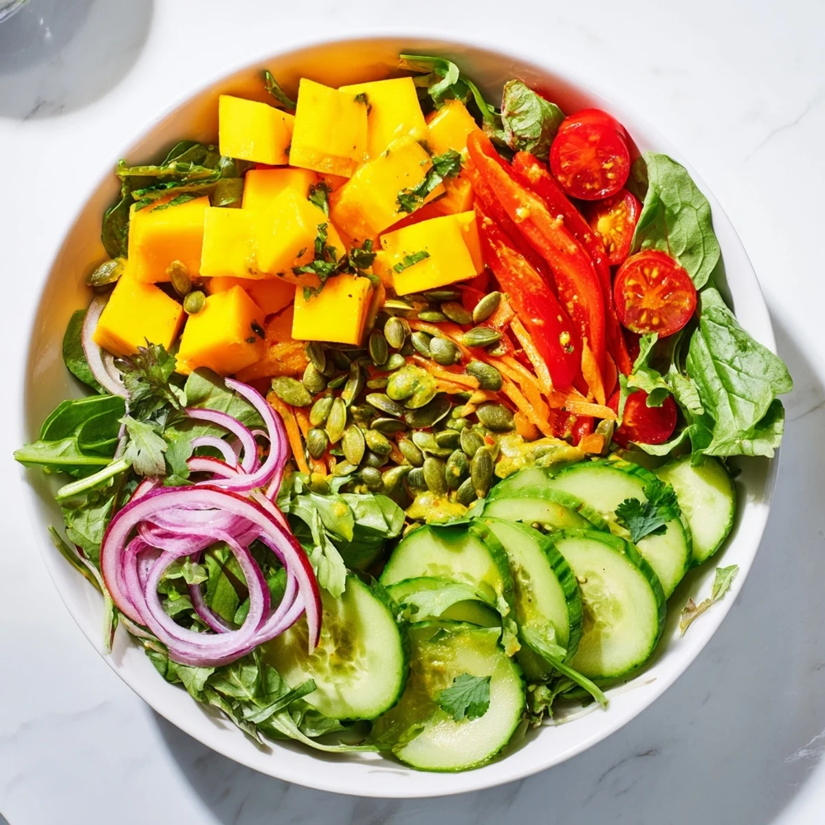 Colorful spicy mango avocado veggie bowl arranged with fresh vegetables and drizzled with zesty chili lime dressing over greens