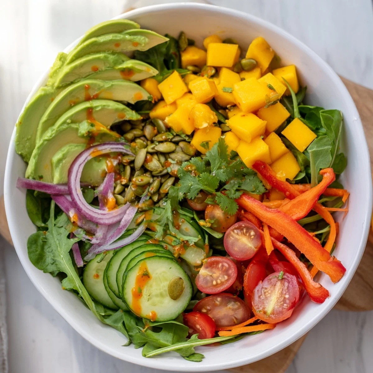 Spicy mango avocado bowl with ripe sliced fruit colorful veggies and tangy chili lime drizzle garnished with cilantro and pepitas