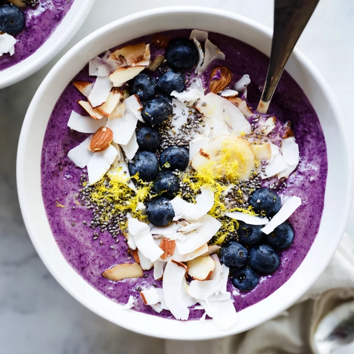 Vibrant blueberry lemon coconut smoothie bowl topped with fresh berries, toasted almonds, and shredded coconut flakes